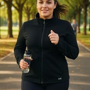 Under Armour Jacket Womens 1X Black Full Zip Mock‎ Neck Thumbholes Running Gym